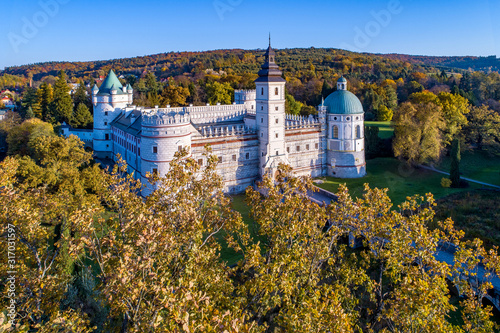 Renaissance castle and park in Krasiczyn near Przemysl , Poland. Aerial view in fall in sunset light