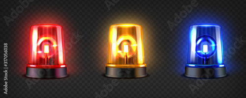 Realistic led flashers set. Red, blue and orange lights. Transparent beacon for different emergency situations.