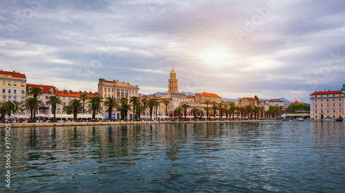 Split, Croatia (region of Dalmatia). UNESCO World Heritage Site. View of Split city, Diocletian Palace and Mosor mountains in background. Split panoramic view of town, Dalmatia, Croatia.