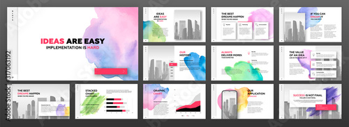 Modern powerpoint presentation templates set for business with colourful watercolour blots and cityscape illustration on background. Artistic keynote template, landing page, horizontal brochure cover