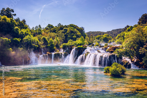 Beautiful Skradinski Buk Waterfall In Krka National Park, Dalmatia, Croatia, Europe. The magical waterfalls of Krka National Park, Split. An incredible place to visit near Split, Croatia.