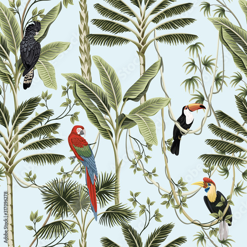 Tropical vintage palm trees, liana, macaw parrot, toucan bird floral seamless pattern blue background. Exotic jungle wallpaper.