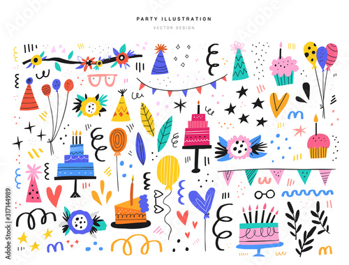 Party decorative items flat vector illustrations set