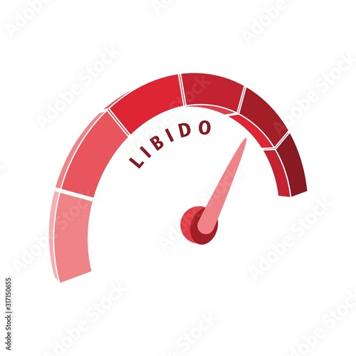 Scale with arrow. The libido level measuring device icon. Sign tachometer, speedometer, indicators. Infographic gauge element.