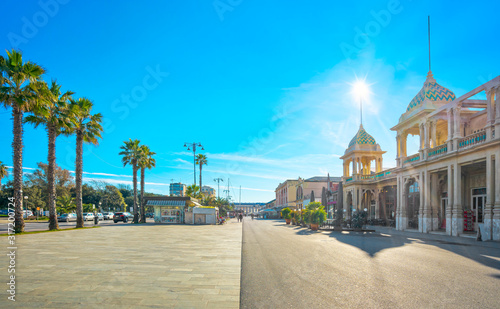 Famous Passeggiata a mare, seafront promenade in Viareggio, Versilia, Tuscany, Italy