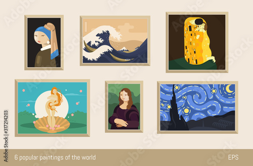 Set of 6 vector paintings, flat minimalism. Inspired by Vermeer, Hokusai, Klimt, Botticelli, da Vinci and Van Gogh. 