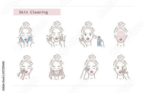 Beauty Girl Take Care of her Face and Use Cleansing Products for Skin. Skincare Procedures. Facial Cleaning, Mask, Moisturizing and Make Up Removing Concept. Flat Vector Illustration and Icons set.