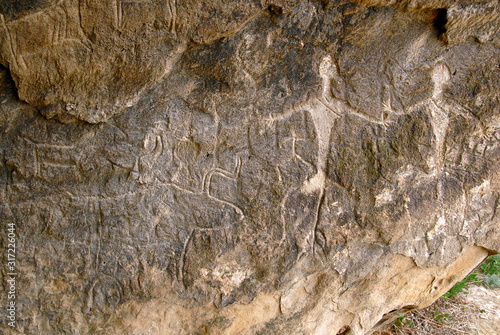 Prehistoric Petroglyphs (rock painting) are included in UNESCO World Heritage List. Gobustan National Park, Azerbaijan, Caucasus.