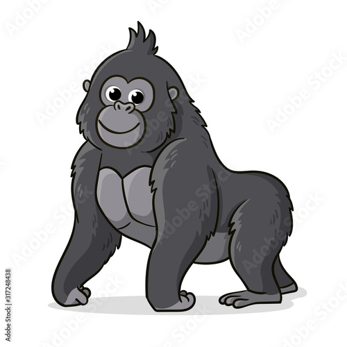 Cute gray gorilla is standing on a white background. Vector illustration with an animal in cartoon style.