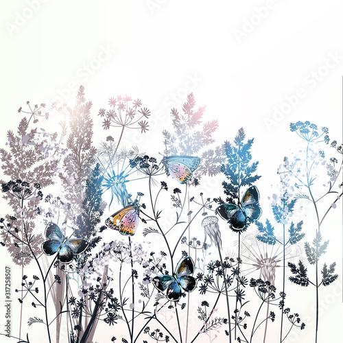 Beautiful vector field flowers illustration with plants, florals and butterflies