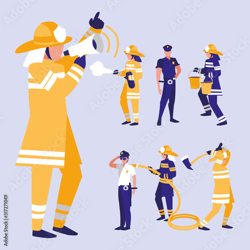 Set of firefighter and policemen vector design