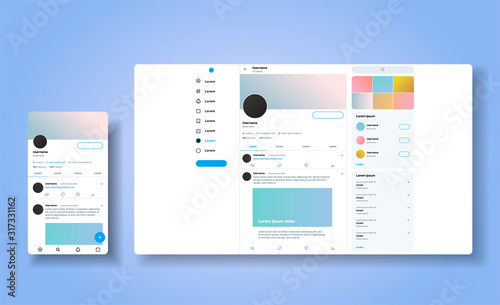 Social media network inspired by twitter. Ui Ux web responsive template of tweeter account. Mobile social media app and desctop. User profile, followers, and tweet mock up. Vector illustration