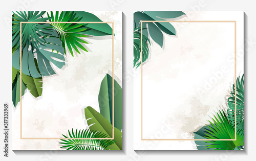 Beautiful background with leaves palm. Wedding invitation. Watercolor. Vector illustration. EPS 10