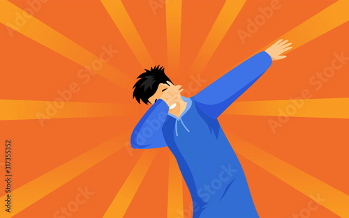 Dabbing hipster guy flat vector illustration. Young man in blue hoodie showing trendy dab sign cartoon character. Stylish teenager standing in dub dance pose isolated on orange background