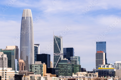 Urban skyline with tall residential and office buildings in South of Market district, San Francisco, California