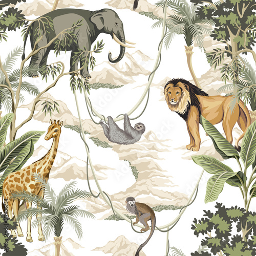 Vintage banana tree, palm tree, lion, monkey, indian elephant, giraffe animal, mountain floral seamless pattern white background. Exotic safari wallpaper.