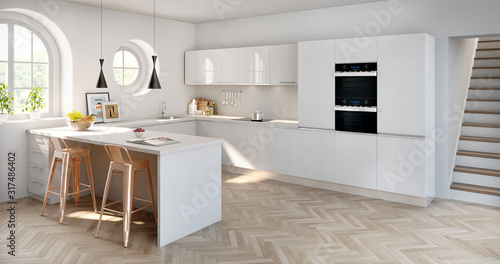 Cocina moderna blanca estilo minimalista con ventanales redondos y luz cálida