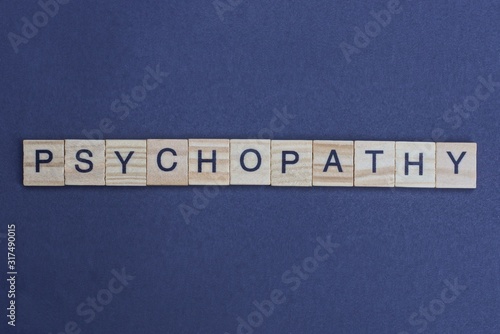 word psychopathy made from wooden letters lies on a gray table