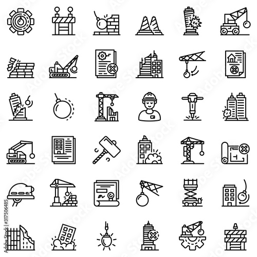 Demolition work icons set. Outline set of demolition work vector icons for web design isolated on white background