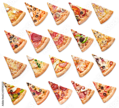 Large collection of various pizza slices, isolated on white background