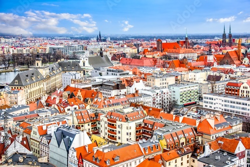 The city of Wroclaw, a beautiful view of the bright roofs of the houses.
