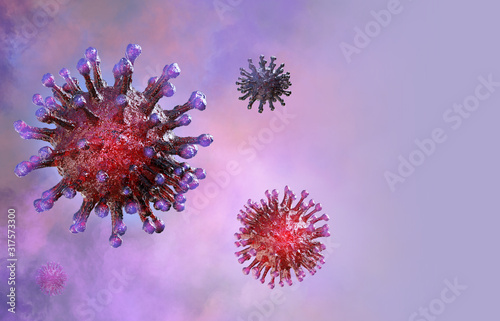 China pathogen respiratory coronavirus 2019-ncov flu outbreak 3D medical illustration. Microscopic view of floating influenza virus cells. Dangerous asian ncov corona virus, SARS pandemic risk concept