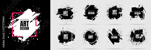 Vector background for text. Grunge banners set. Black paint. Brush ink stroke. Isolated square white frame. Element for design poster, cover, invitation, gift card, flyer, social media, promotion. 