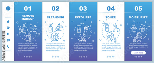 Skincare onboarding vector template. Remove makeup. Cleansing, exfoliating. Toner and moisturizer. Responsive mobile website with icons. Webpage walkthrough step screens. RGB color concept