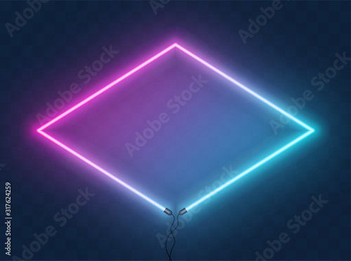 Neon rhombus frame or neon lights border with wire. Retrowave vector abstract background, tunnel, portal. Geometric glow outline rhombus shape or laser glowing lines with space for your text.
