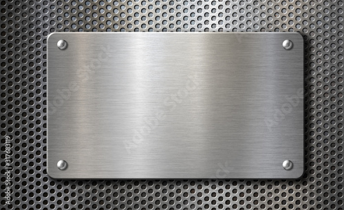 Steel metal plate with rivets over grid background 3d illustration