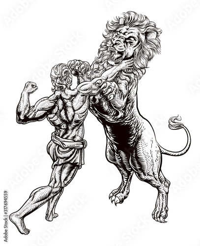 Hercules fighting the Nemean Lion as one of his twelve tasks or labors. From the ancient Greek myth. In a vintage retro woodcut etching style