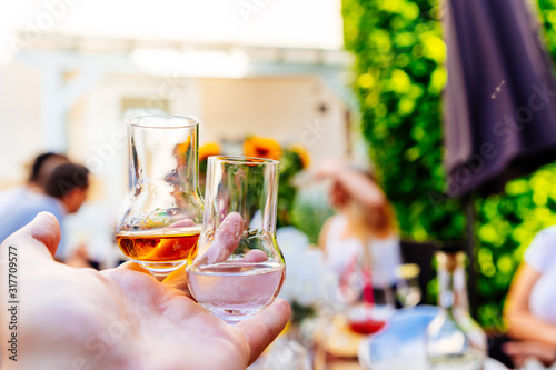 Two grappa glasses with brown and light grappa at a garden party in summer