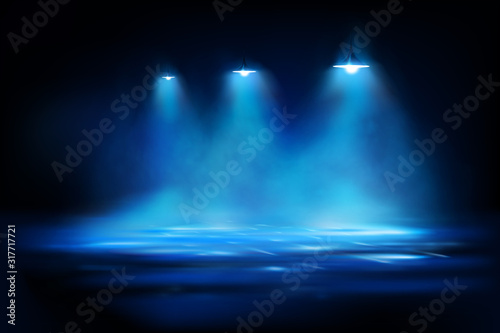 Brightly lit street lamps in the fog. City at night. Spotlights on dark background. Show on stage. Vector illustration.