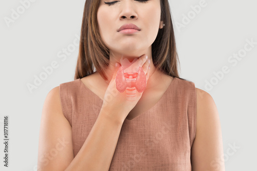 Women thyroid gland control. Sore throat of a people on gray background