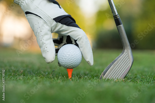 Hand putting golf ball on tee in golf course.