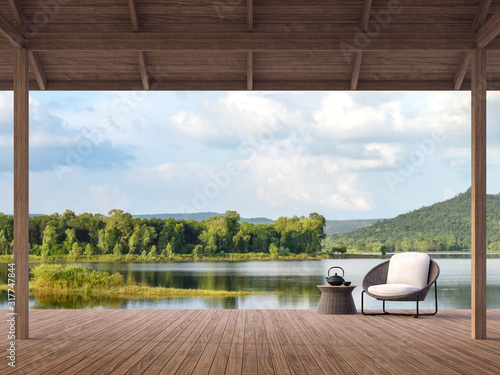 Wood terrace with beautiful lake and mountain view 3d render,There are old wood terrace floor,Decorate with rattan lounge chair,Surrounded by nature