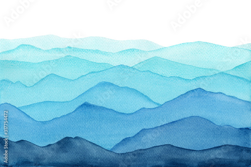 abstract indigo light blue watercolor waves mountains on white background