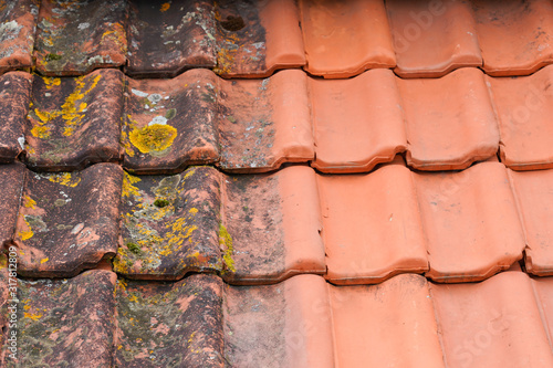 Comparison roof top before and after cleaning moss lichen high pressure water cleaner tile