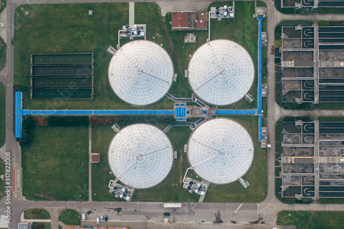 Aerial drone photography of a sewage treatment plant in Poland, Europe.