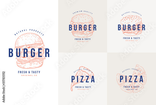 Hand drawn fast food, burger and pizza vector set illustration. Set of vector labels, logo, stickers.