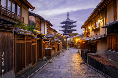Yasaka Pagoda in the early morning with no people as seen from Sannen Zaka Street, Kyoto, Japan