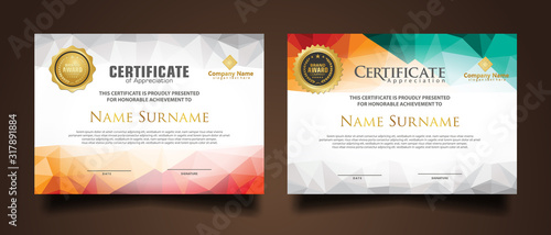 Set certificate template with dynamic and futuristic polygonal color and modern background.