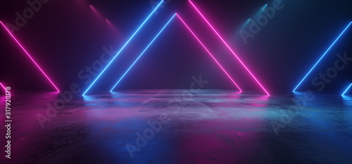 Neon Club Dance Night Tunnel Corridor Sci Fi Futuristic Triangle GLowing Purple Blue On Concrete Grunge Floor Spot lIghts Hallway Garage 3D Rendering