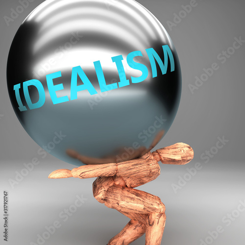 Idealism as a burden and weight on shoulders - symbolized by word Idealism on a steel ball to show negative aspect of Idealism, 3d illustration