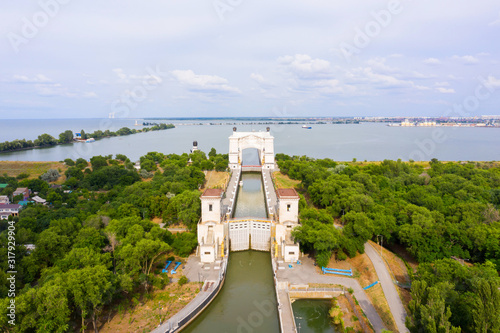 Gateway #14 of the Volgodonsk navigable channel. panoramic views of the shipping channel gateway from a height