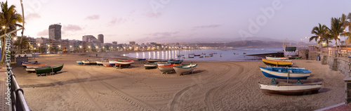 Panoramic views of the sunrise on Las Canteras beach in Las Palmas de Gran Canaria, canary islands, Spain. .Canary and beach holidays concept.