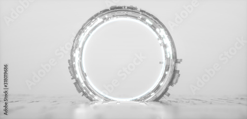 Futuristic white glowing neon round portal. Sci fi silver metal construction.
