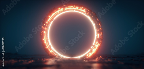 Futuristic orange glowing neon round portal. Sci fi metal construction.