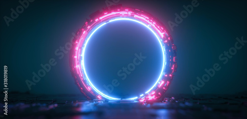 Futuristic blue and red glowing neon round portal. Sci fi metal construction.