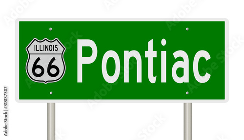 Rendering of a green 3d highway sign for Pontiac Illinois on Route 66